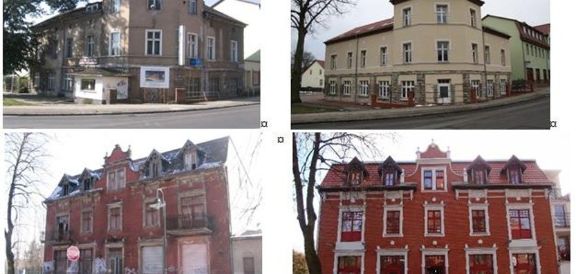 Das Rüdersdorfer Ortszentrum hat sich in den vergangenen 25 Jahren sehr zu seinem Vorteil verändert – im Bild die ortsbildprägenden Gebäude Straße der Jugend 10 und Schulstraße 28 jeweils vor und nach der Sanierung